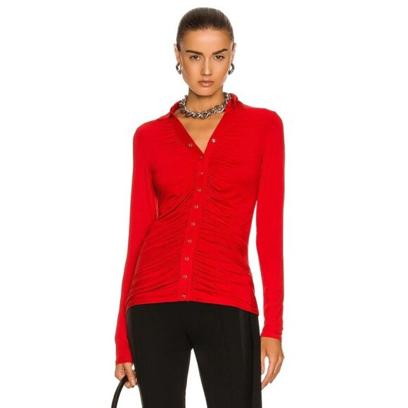 Enza Costa Viscose Jersey Ruched Polo Cardigan Tomato Red